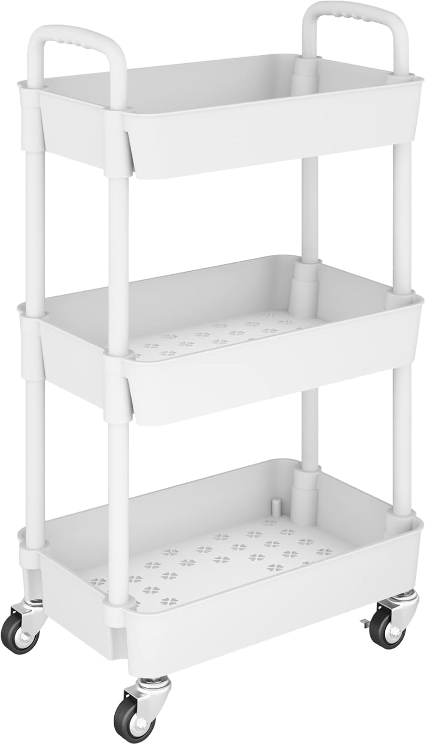 3-Tier Rolling Kitchen Utility Cart with Lockable Wheels – Mobile Storage Organizer for Kitchen, Bathroom, Office & Home (White) - PuriLite
