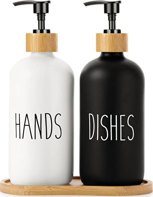 LIFEEZY Premium Quality Glass Soap Dispenser Set with Bamboo Tray - 2 pcs Hand & Dish Soap Dispenser for Rustic Kitchen Decor, Refillable Dispensers