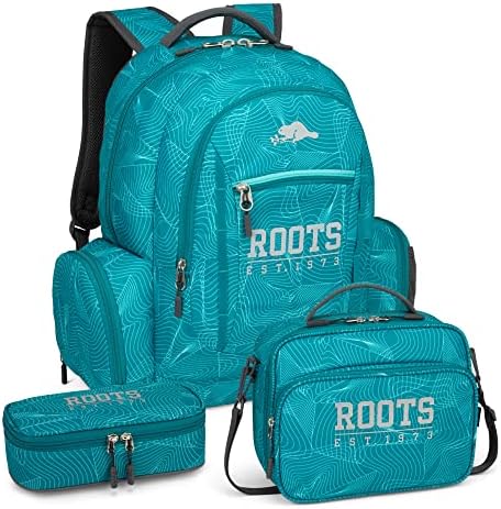 Roots Original 3-in-1 Matching Water Resistant Backpack and Lunch Bag Set with Bonus Pencil Case - Made From 100% Recycled Fabrics - 33 litres, Blue, Large