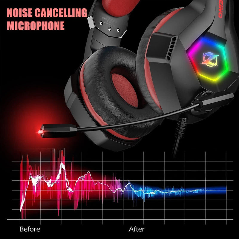 Ozeino Gaming Headset Ps5 Ps4 Headset with 7.1 Surround Sound, Gaming Headphones with Noise Cancelling Flexible Mic RGB Light Memory Earmuffs for PC, Xbox Series X/S, Mac, Phone