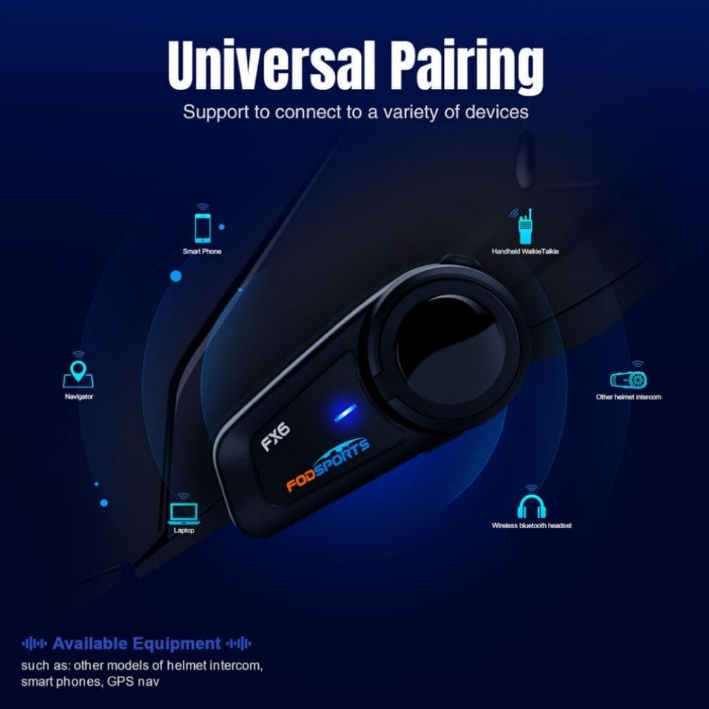 Fodsports FX6 Motorcycle Bluetooth Headset – 6 Riders Group Intercom 1000m Range, Helmet Communication System with Noise Cancellation, Voice Dial & Ride-While-Charging (2 Pack)