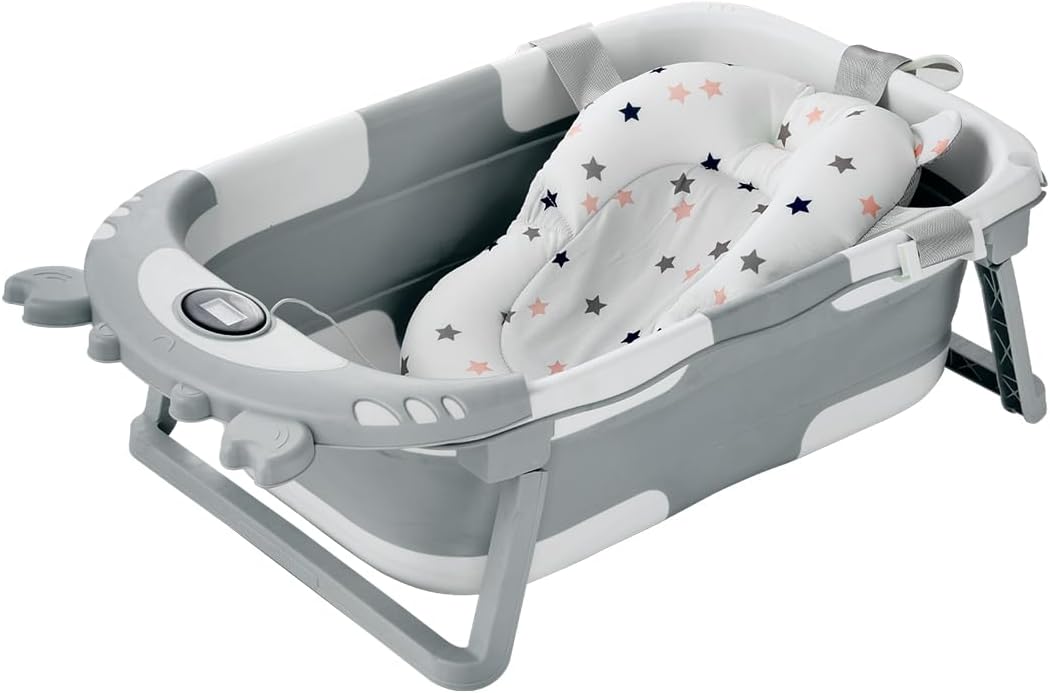 VEVOR Baby Bathtub, 5 Gal Capacity, Collapsible Baby Bath Tub with Thermometer and Soft Cushion, Durable & Portable Grey Bathtub with Showerhead Holder & Drainage Hole, Fit for 0-24 Months Toddlers
