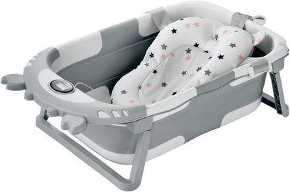 VEVOR Baby Bathtub, 5 Gal Capacity, Collapsible Baby Bath Tub with Thermometer and Soft Cushion, Durable & Portable Grey Bathtub with Showerhead Holder & Drainage Hole, Fit for 0-24 Months Toddlers