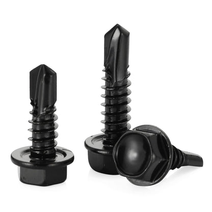 #10 x 1 Hex Washer Head Self Tapping Drilling Screws Black Oxidized, 410 Stainless Steel, 100 PCS
