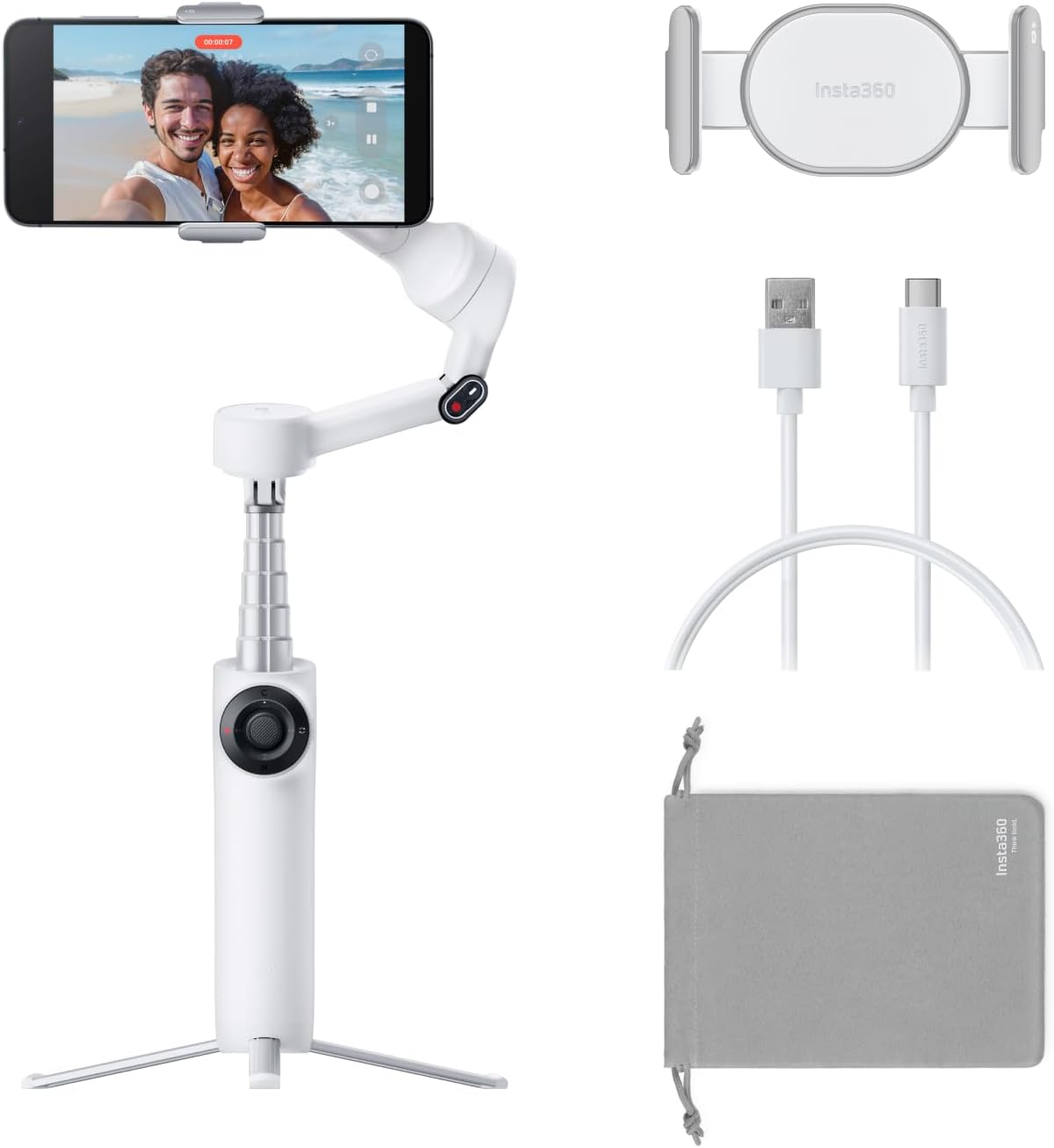 Insta360 Flow 2 White Gimbal Stabilizer for Smartphone - Foldable AI Phone Gimbal, AI&Multi-Person Tracking, Built-in Tripod/Selfie Stick, Remote Control, iPhone/Android Phone Stabilizer, Travel&Vlog