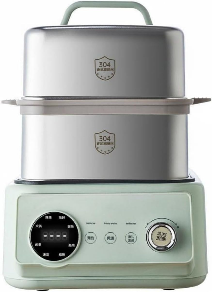 Electric Steamer Multi Layer Cooker Hot Pot Appliance Food Warmer Stainless Steel Trays 1200W With Digital Display Suitable for small gatherings, Stainless Steel Green, Canada 110V