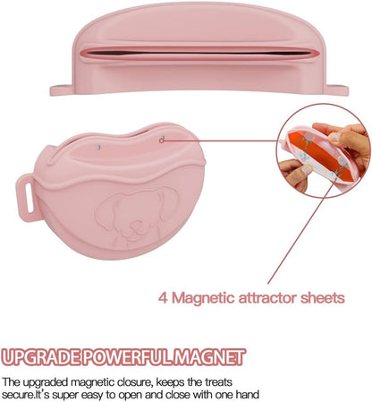 TUCANA Silicone Dog Treat Pouch for Pet Training – Upgraded 4 Strong Magnets Enhanced Magnetic Closure, Ease of Cleaning, Come with Adjustable Wasit Belt and Effective Dog Clicker (Pink)
