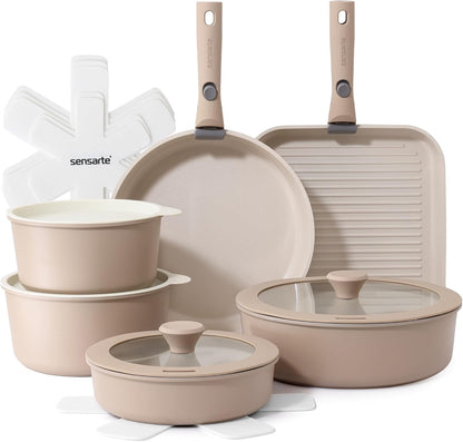 SENSARTE 17 Piece Ceramic Pots and Pans Set, Nonstick Detachable Handle Cookware, Induction Kitchen Cookware Set with Removable Handle, Dishwasher ＆ Oven Safe (Almond Beige)