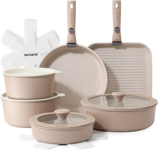 SENSARTE 17 Piece Ceramic Pots and Pans Set, Nonstick Detachable Handle Cookware, Induction Kitchen Cookware Set with Removable Handle, Dishwasher ＆ Oven Safe (Almond Beige)