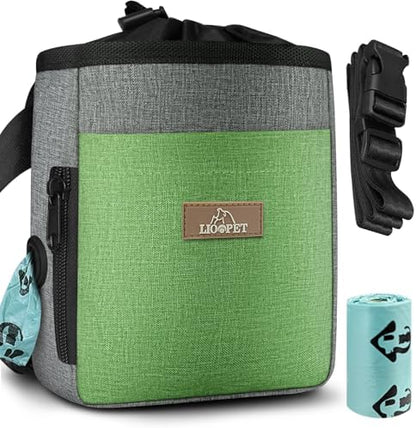 LIOOPET Dog Treat Pouch - Fashionable Green&Grey Design - Large Capacity Dog Treat Bag for Dog Walks, Outdoor Activities, Travel and Training - Includes 1 Poop Bags