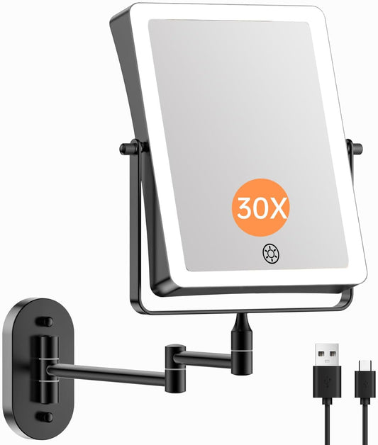 FASCINATE Rechargeable Wall Mounted Makeup Mirror, 8.7" Double Sided Touch Switch 1X 30X Rectangle Magnifying Mirror with Light, 3 Color Setting, Extended Arm 360° Swivel Foldable Black