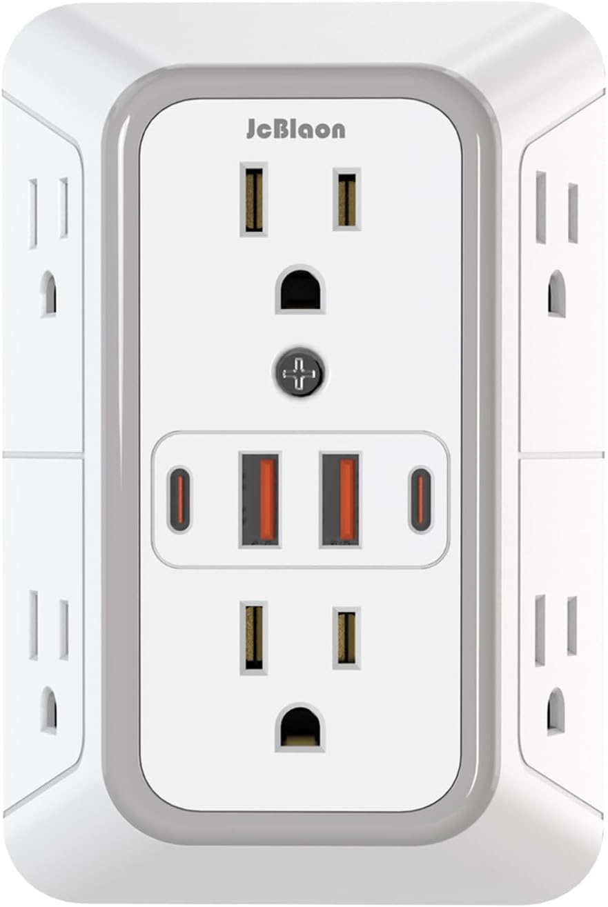 Wall Outlet Extender Surge Protector with 6 AC Outlets and 4 USB Ports, 3-Sided Multi Plug Wall Adapter with USB-C for Home, Office, Kitchen, and Travel - PuriLite