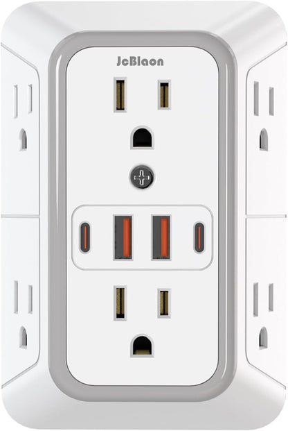 Wall Outlet Extender Surge Protector with 6 AC Outlets and 4 USB Ports, 3-Sided Multi Plug Wall Adapter with USB-C for Home, Office, Kitchen, and Travel - PuriLite