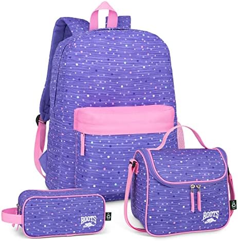 Roots Essential 3-in-1 Matching Water Resistant Kids Backpack and Lunch Bag Set with Bonus Pencil Case - Made From 100% Recycled Fabrics - 22.5 litres, Purple Pink Polka Dot