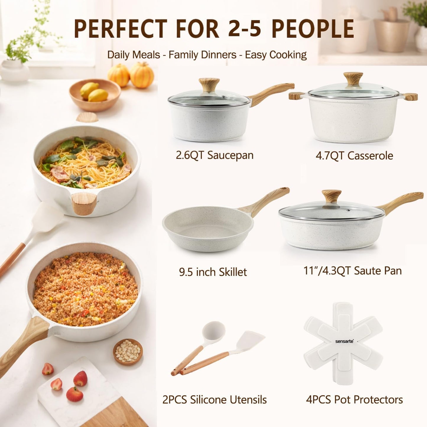 SENSARTE Nonstick Ceramic Cookware Set 13-Piece, Healthy Pots and Pans Set, Non-Toxic Kitchen Cooking Set with Stay-Cool Handles, Silicone Tools and Pot Protectors, PFAS and PFOA Free