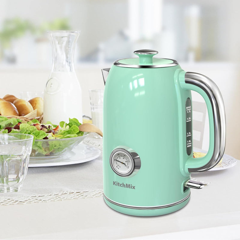 KitchMix Electric Tea Kettles1500W for Boiling Water, 1.7L Stainless Steel Tea Kettle with Thermometer, Auto Shut-Off & Boil-Dry, Cool Touch Handle, BPA Free Kettle & Hot Water Kettle (Green)