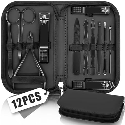 Manicure Pedicure Set, Nail Clipper Set for Men Women, Professional Manicure Kit Pedicure Kit, Nail Care Kit with Green Travel Leather Bag, Set 12 in 1