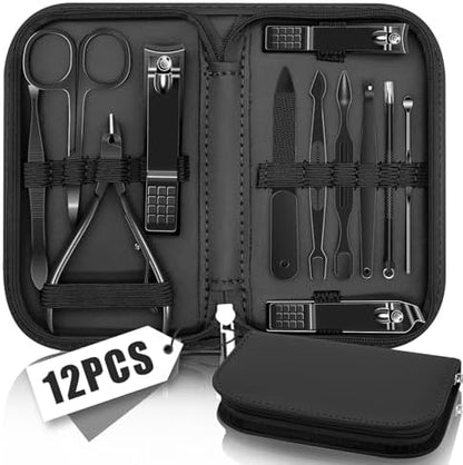 Manicure Pedicure Set, Nail Clipper Set for Men Women, Professional Manicure Kit Pedicure Kit, Nail Care Kit with Green Travel Leather Bag, Set 12 in 1