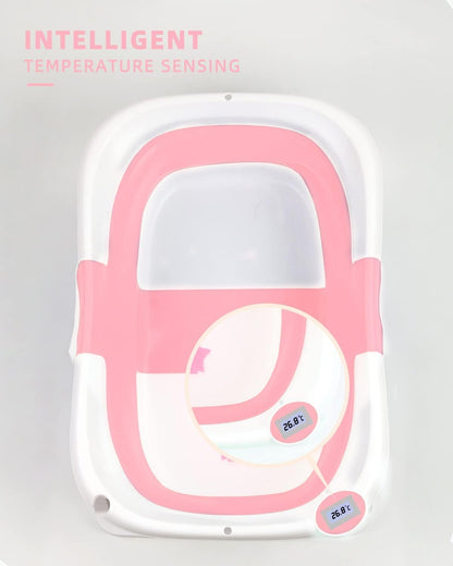 Befol Collapsible Baby Bathtub for Infants to Toddler, Portable Travel Bathtub Multifunctional Bathtub with Drain Hole, Baby Folding Bathtub for Newborn 0-36 Month (Blue+Floating Baby Bath Cushion Pink