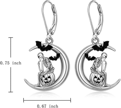 Halloween Skeleton Earrings for Women Pumpkin Bat Skeleton Skull Earrings Sterling Silver Spooky Horror Scary Earring Gothic Jewelry Holiday Christmas Gifts, Sterling Silver, Cubic Zirconia