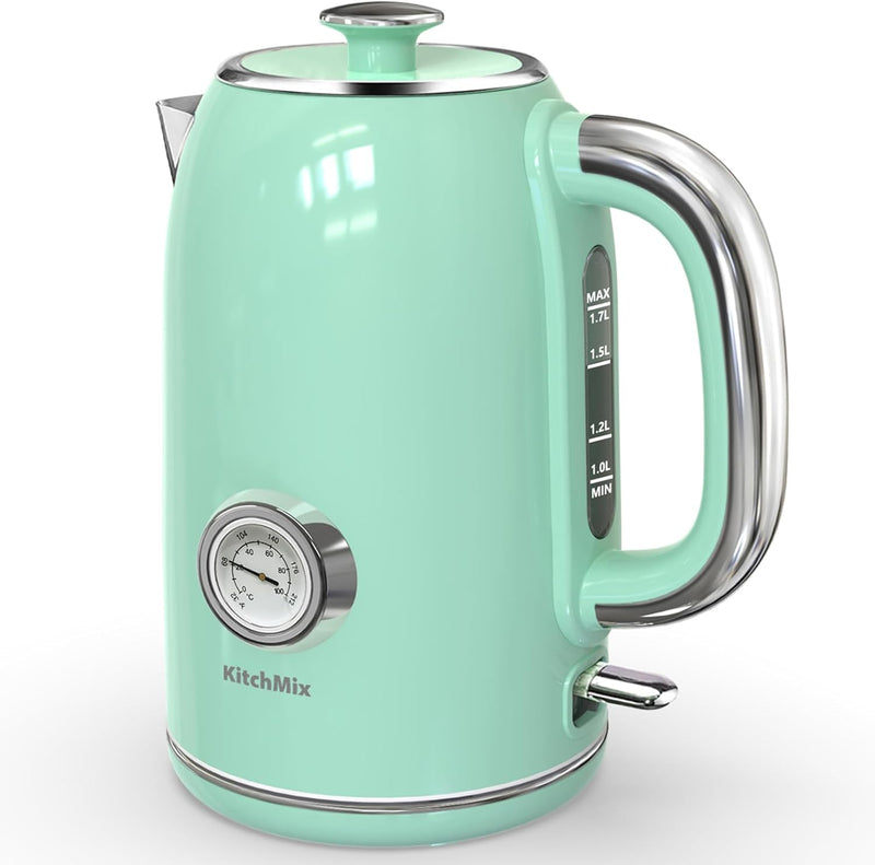 KitchMix Electric Tea Kettles1500W for Boiling Water, 1.7L Stainless Steel Tea Kettle with Thermometer, Auto Shut-Off & Boil-Dry, Cool Touch Handle, BPA Free Kettle & Hot Water Kettle (Green)