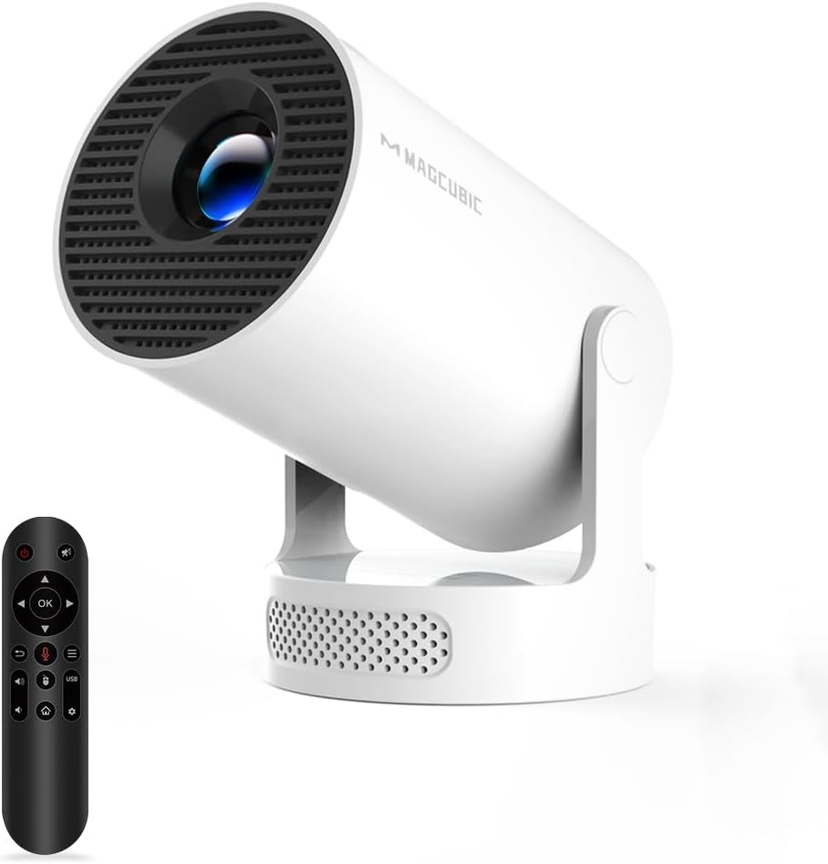 Mini Projector, Portable Smart Proyector, 5w Soundbase Speaker, WiFi 6 and Bluetooth 5.4, Auto Vertical Keystone 4K Decoding 180° Rotatable Projecteur for Home Video Bedroom (Manual Focus & White)