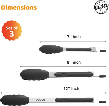 The Original Popco Tongs for Cooking - Set of 3 (7, 9, 12 inches) - Heavy Duty, 304 Stainless Steel BBQ and Kitchen Tongs with Silicone Tips (3 Colors Available)
