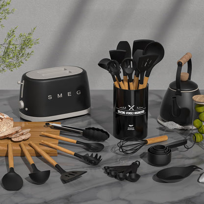 Kitchen Utensils Set- 34PCS Silicone Cooking Utensils with Holder, Umite Chef Heat Resistant Kitchen Utensil Spatula Set for Nonstick Cookware, Black Wooden Handles Kitchen Gadgets Tools Set