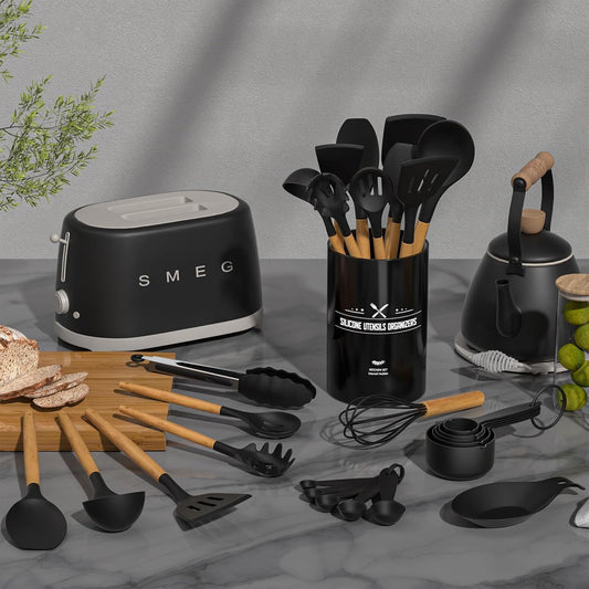 Kitchen Utensils Set- 34PCS Silicone Cooking Utensils with Holder, Umite Chef Heat Resistant Kitchen Utensil Spatula Set for Nonstick Cookware, Black Wooden Handles Kitchen Gadgets Tools Set