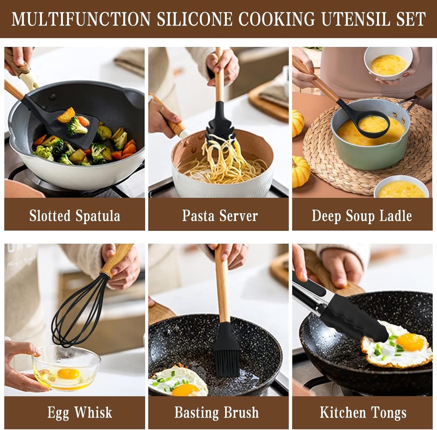 Kitchen Utensils Set- 34PCS Silicone Cooking Utensils with Holder, Umite Chef Heat Resistant Kitchen Utensil Spatula Set for Nonstick Cookware, Black Wooden Handles Kitchen Gadgets Tools Set