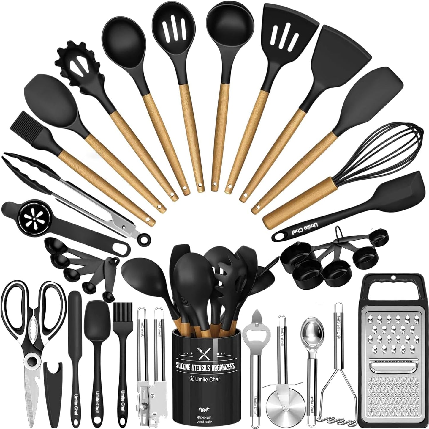 Kitchen Utensils Set- 34PCS Silicone Cooking Utensils with Holder, Umite Chef Heat Resistant Kitchen Utensil Spatula Set for Nonstick Cookware, Black Wooden Handles Kitchen Gadgets Tools Set