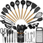 Kitchen Utensils Set- 34PCS Silicone Cooking Utensils with Holder, Umite Chef Heat Resistant Kitchen Utensil Spatula Set for Nonstick Cookware, Black Wooden Handles Kitchen Gadgets Tools Set