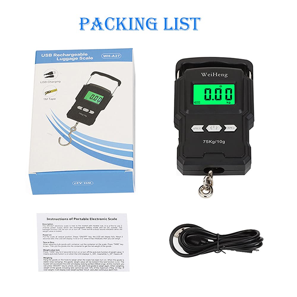 YYGJ Rechargeable Lugagge Scale Portable Electronic Hook Scale Digital Hanging Bag Luggage Weight Scale Fishing Scale with Measuring Tape 165Lb Black