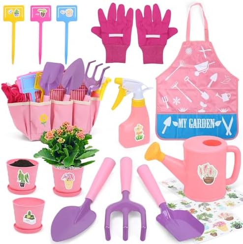 CUTE STONE Pink Kids Gardening Tool Set, Garden Toys W/ Shovel, Rake, Trowel, Apron W/Pockets, Garden Tote Bag, Watering Can, DIY Stickers, Outdoor Backyard Digging Gift Toys for Boys Girls