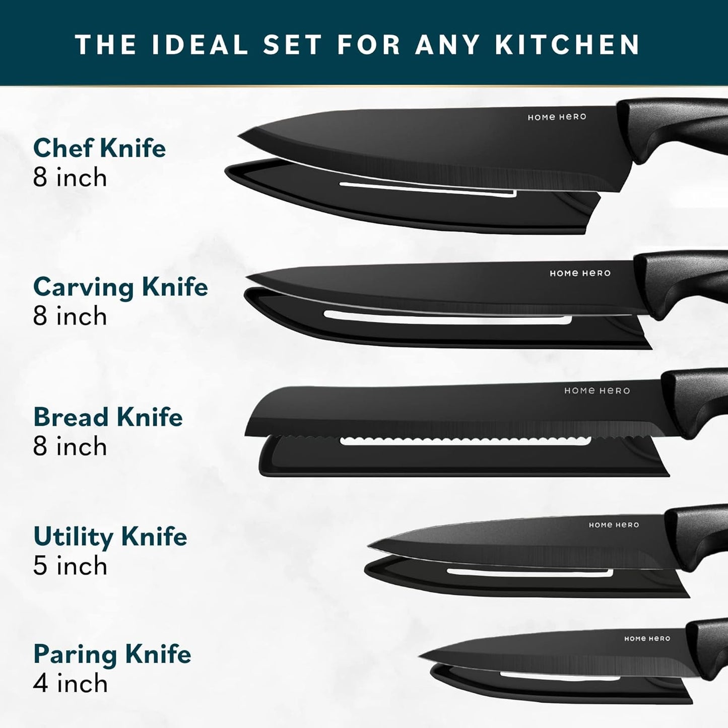 Home Hero Ultra-Sharp Stainless Steel Kitchen Knife Set - Chef Knife with Knife Sharpener - Steak Knives - Couteau Cuisine (11 pcs Set - Black with Sheath)