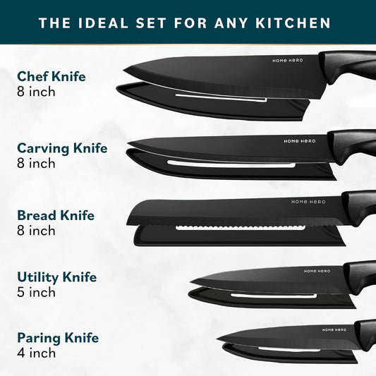 Home Hero Ultra-Sharp Stainless Steel Kitchen Knife Set - Chef Knife with Knife Sharpener - Steak Knives - Couteau Cuisine (11 pcs Set - Black with Sheath)