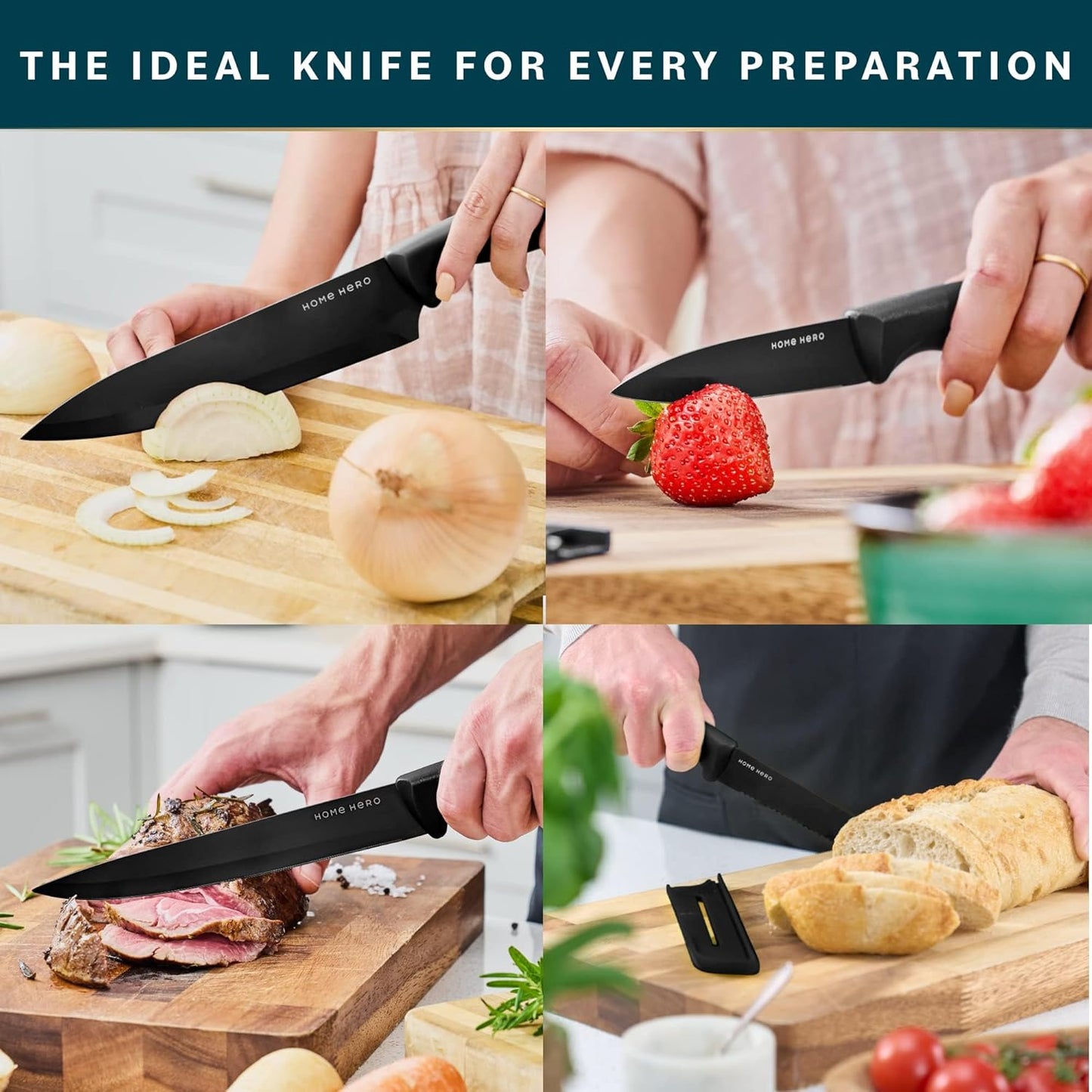 Home Hero Ultra-Sharp Stainless Steel Kitchen Knife Set - Chef Knife with Knife Sharpener - Steak Knives - Couteau Cuisine (11 pcs Set - Black with Sheath)