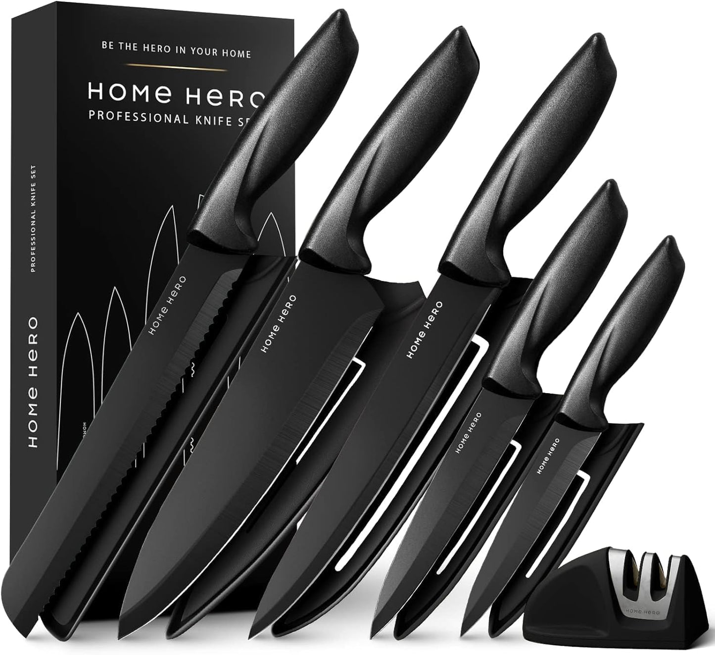 Home Hero Ultra-Sharp Stainless Steel Kitchen Knife Set - Chef Knife with Knife Sharpener - Steak Knives - Couteau Cuisine (11 pcs Set - Black with Sheath)