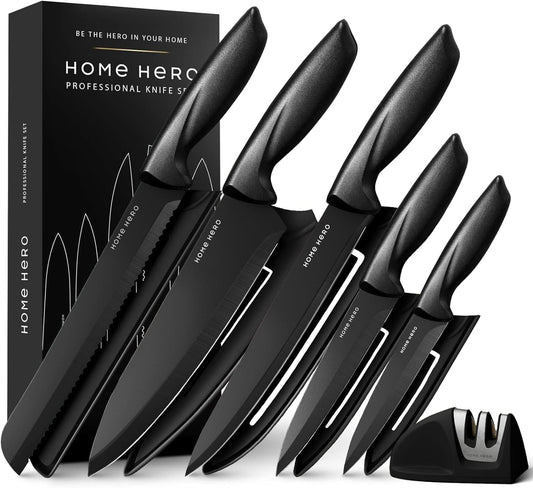 Home Hero Ultra-Sharp Stainless Steel Kitchen Knife Set - Chef Knife with Knife Sharpener - Steak Knives - Couteau Cuisine (11 pcs Set - Black with Sheath)