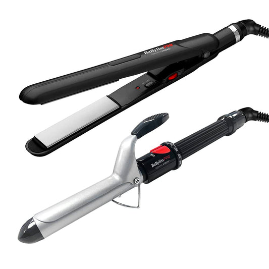 BaBylissPRO Ceramic Styling Duo, 1 inch Ceramic Flat Iron, and 1 inch Ceramic Curling Iron, Dual Voltage, Heats Up To 450 Degress Fahrenheit