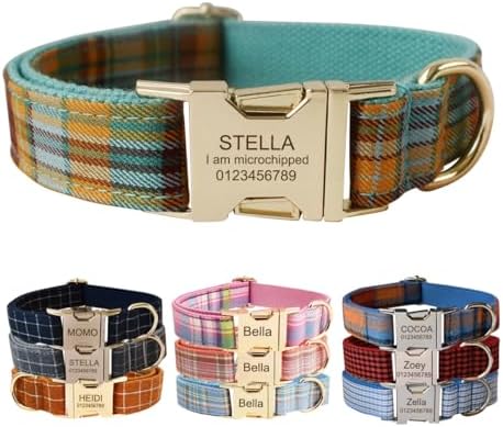 Custom Dog Collar with Metal Buckle - Pet Collars Personalized with Name and Phone Number (Plaid)