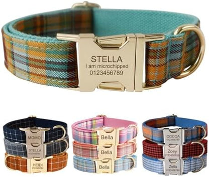 Custom Dog Collar with Metal Buckle - Pet Collars Personalized with Name and Phone Number (Plaid)