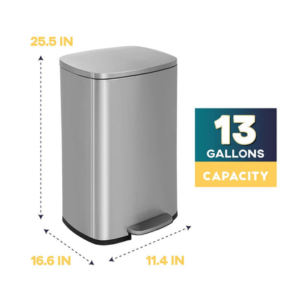 13 Gallon/50 L Garbage Can Kitchen Trash Can with Lid for Office Bedroom Bathroom Step Trash Bin Fingerprint-Proof Brushed Stainless Steel