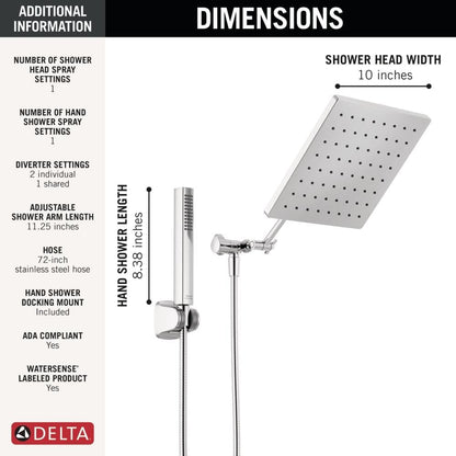 Delta Faucet 10-inch Raincan Shower Head and Hand Held Shower Combo, Black Square Shower Head, Rainfall Shower Head, Hand Shower, High Pressure Shower Head, 1.75 GPM Flow Rate, Matte Black 75527-BL