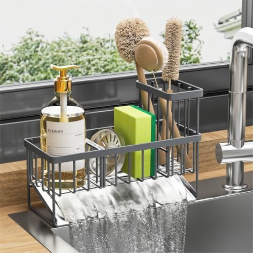 Cisily Kitchen Sink Caddy Organzier with High Brush Holder, Sponge Holder for Sink, 304 Rustproof Stainless, Kitchen Countertop Soap Dispenser Organizer, Kitchen Decor and Accessories (Black)