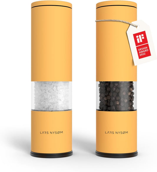 LARS NYSØM Salt and Pepper Mills Set Stainless Steel with Adjustable Ceramic Grinder 2 Pieces I Design Spice Mills Set Manual (Mustard Yellow) - PuriLite