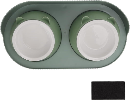 Elevated Cat Bowls, Double Ceramic Pet Bowls Cat Food and Water Set Elevated Feeding Station Ceramic Pet Dish Feeder for Kitten and Small Dogs, (Green [Cheongsam Meow] Green Bottom)