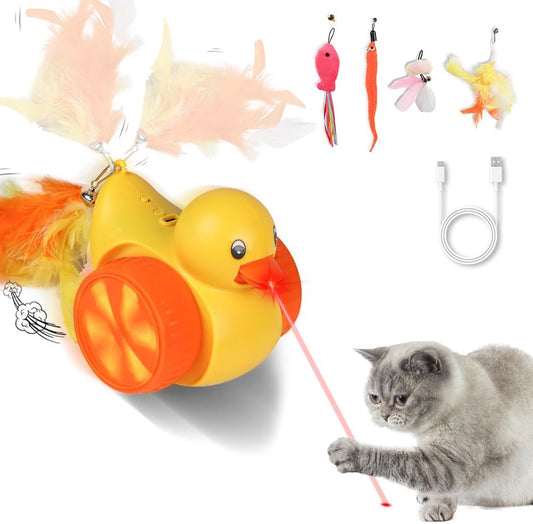 Interactive Cat Toys for Indoor Cats, Automatic Moving Cat Toy with Laser, Rechargeable Random Movement Duck Cat Toy for Bored Cats/Kittens/Dogs, with 4 Replaceable Tails (Worm, Feather, Fish) - PuriLite