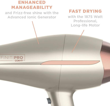 InfinitiPRO by Conair 750C Frizz Free Pro Dryer, 3 Heat/2 Speed Settings, Includes Diffuser and 2 Contentrators, Rose Gold, Hair Dryer