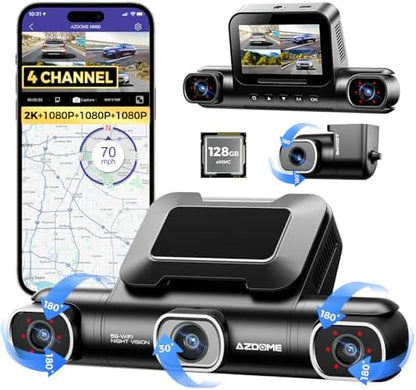 AZDOME M660 360° 4 Channel Dash Cam, Built-in 128GB eMMC, 2K+1080P*3 Dashcam Front and Rear Inside Left Right, Voice Control, 5G WiFi Dash Camera for Cars with 4 Adjustable Lenses, IR Night Vision